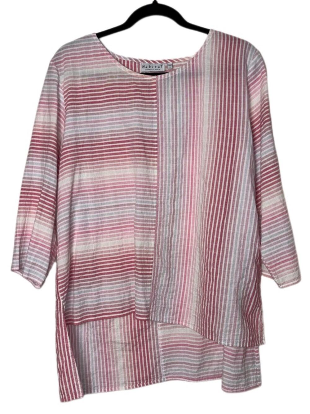 Habitat mixed stripe top women's size small 3/4 sleeves asymmetrical pink/white